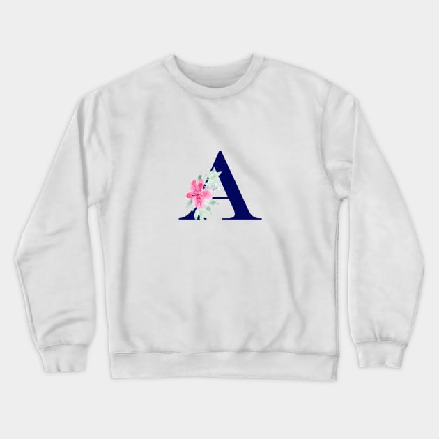 Watercolor Floral Letter A in Navy Crewneck Sweatshirt by Harpleydesign